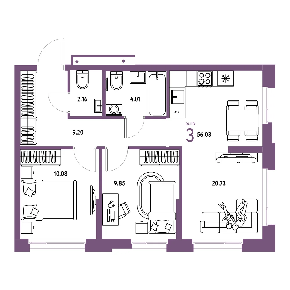 Планировка: Домашний 3-комнатная 56,03м²