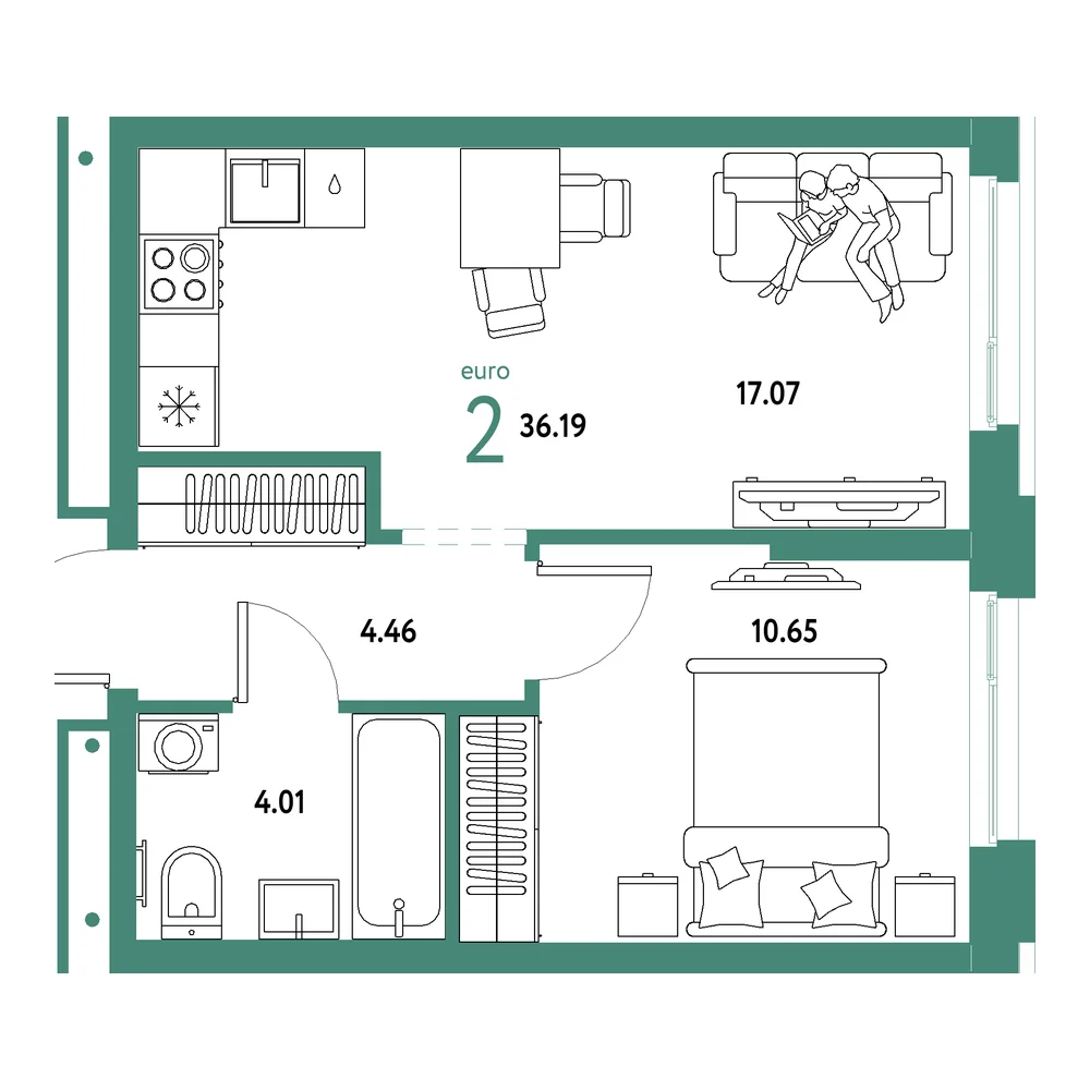 Планировка: Домашний 2-комнатная 36,19м²