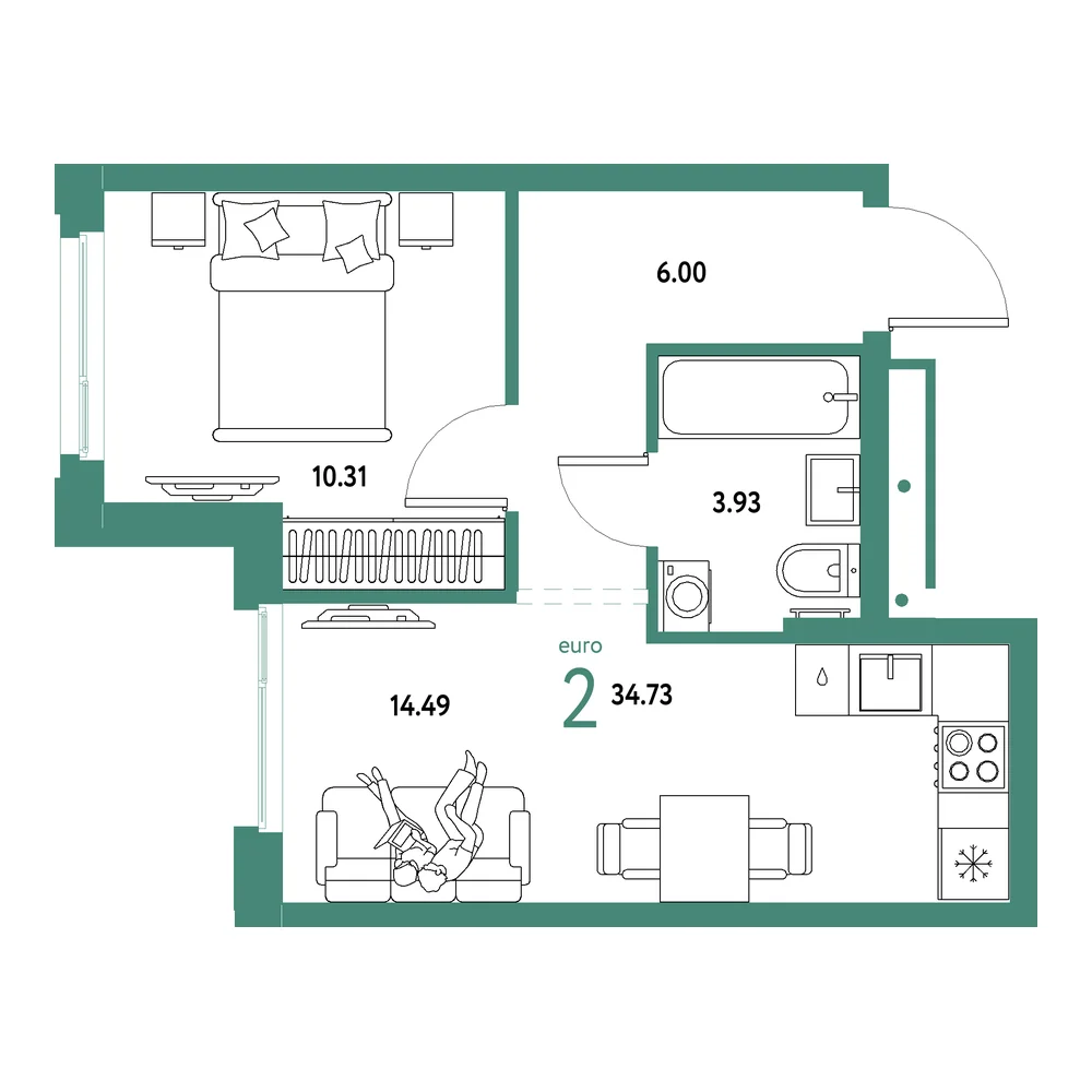 Планировка: Домашний 2-комнатная 34,73м²