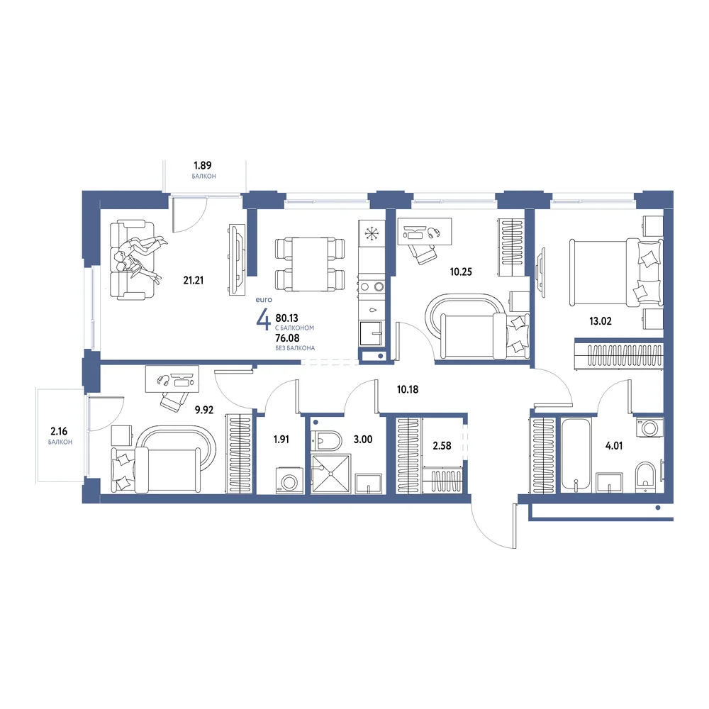 Планировка: Домашний 4-комнатная 80,13м²