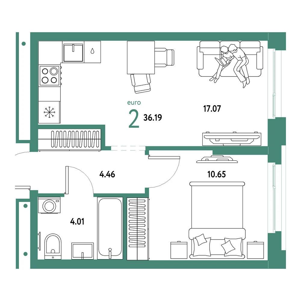 Планировка: Домашний 2-комнатная 36,19м²