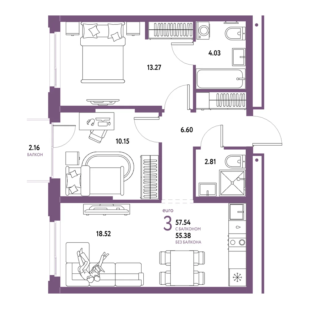 Планировка: Домашний 3-комнатная 57,54м²