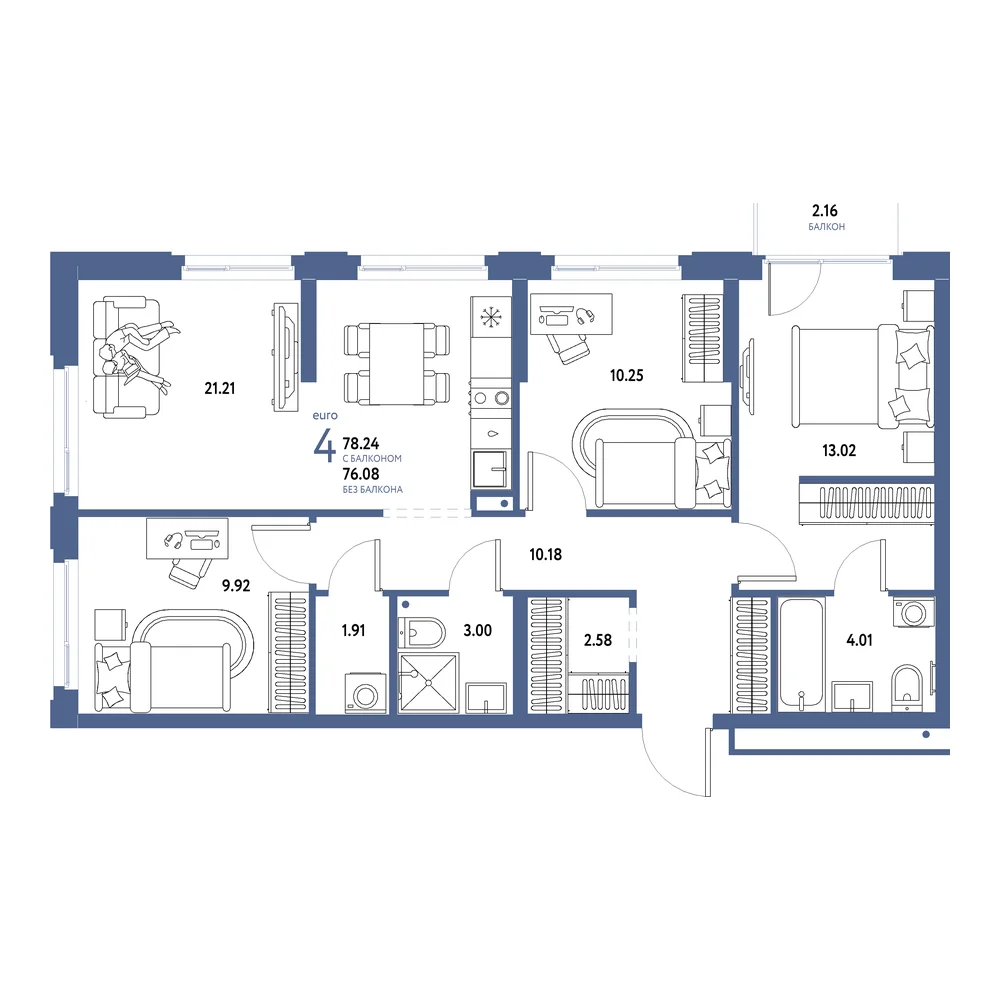 Планировка: Домашний 4-комнатная 78,24м²