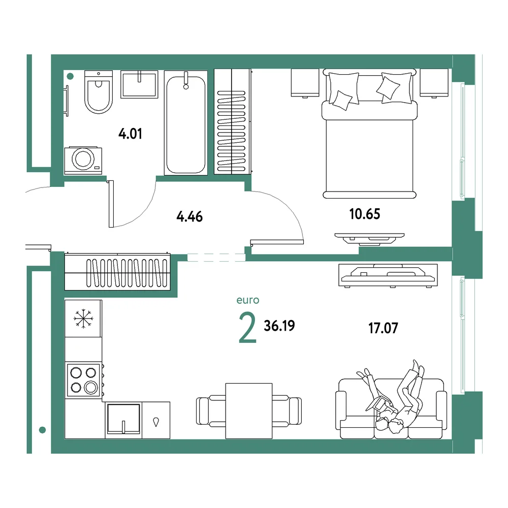 Планировка: Домашний 2-комнатная 36,19м²