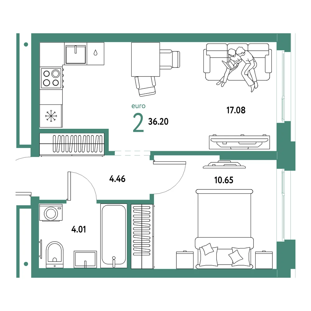 Планировка: Домашний 2-комнатная 36,20м²