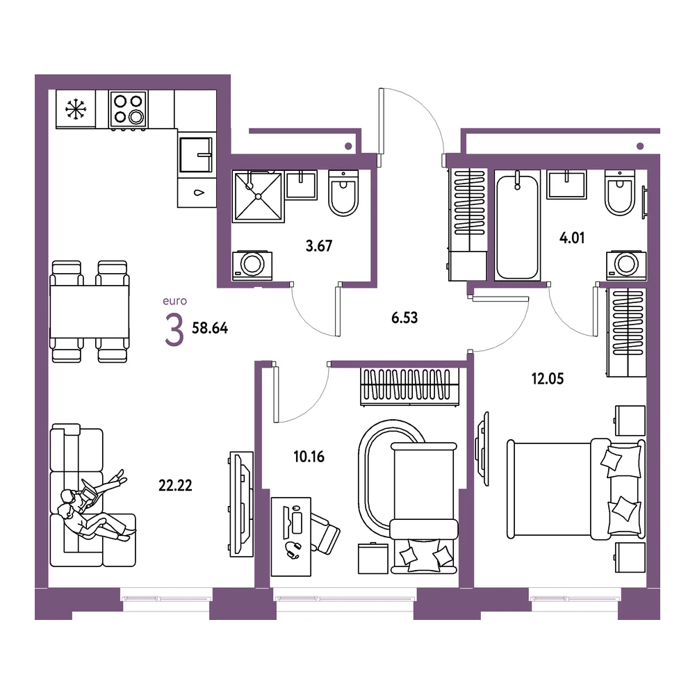 Планировка: Домашний 3-комнатная 58,64м²