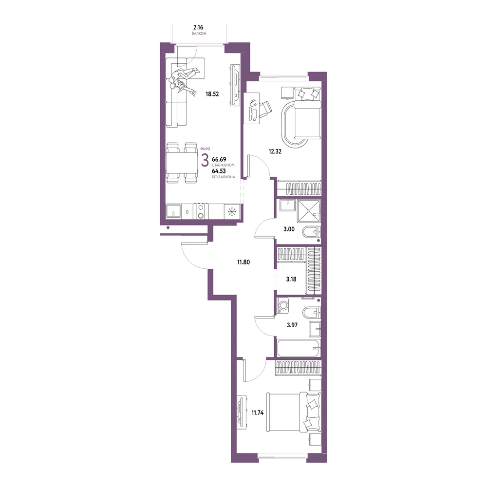 Планировка: Домашний 3-комнатная 66,69м²