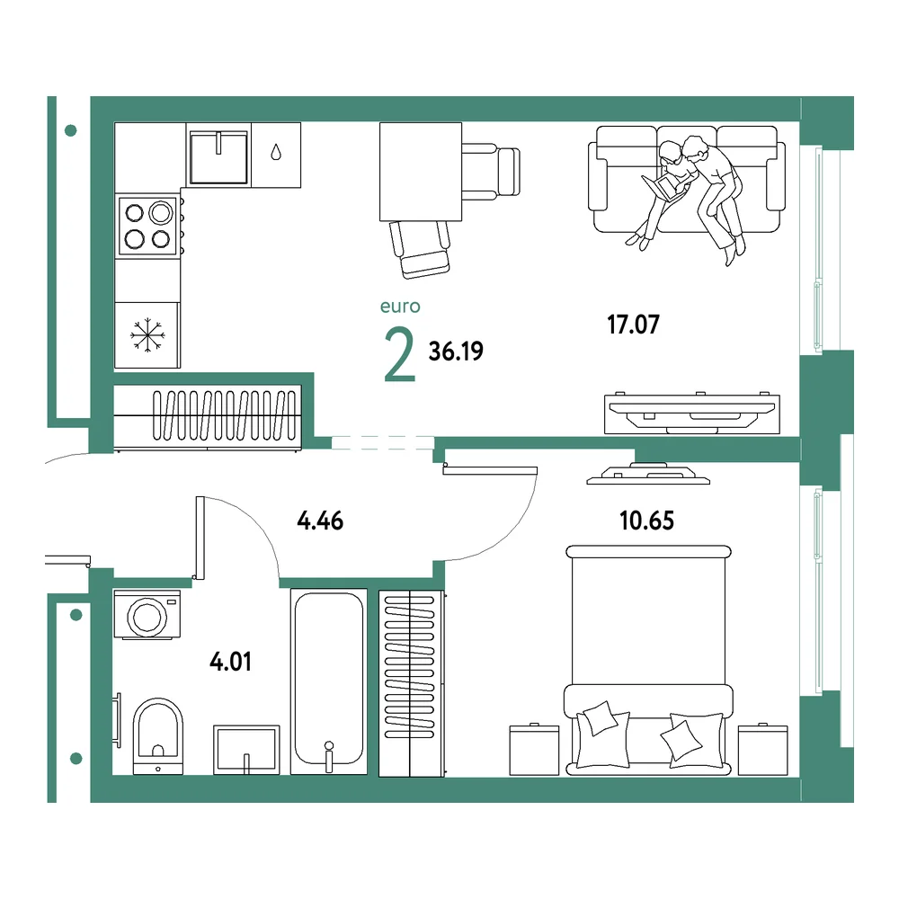 Планировка: Домашний 2-комнатная 36,19м²