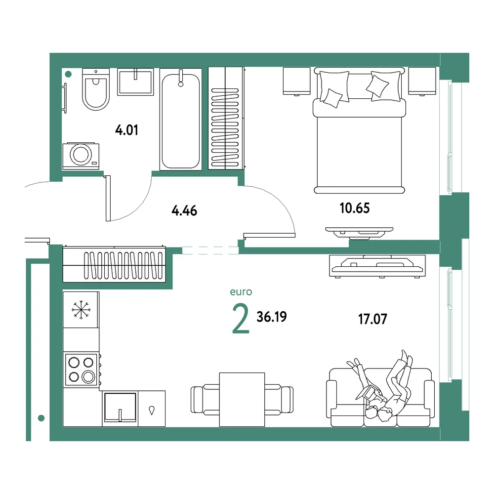 Планировка: Домашний 2-комнатная 36,19м²