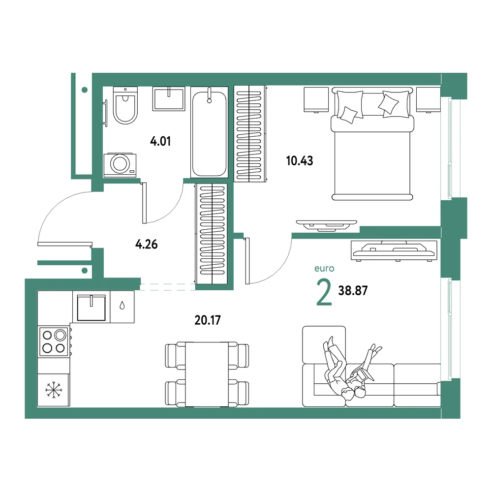 Планировка: Домашний 2-комнатная 38,87м²