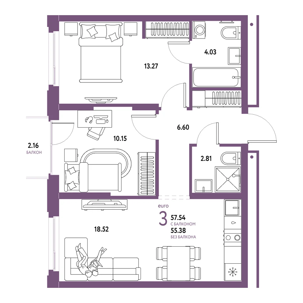 Планировка: Домашний 3-комнатная 57,54м²