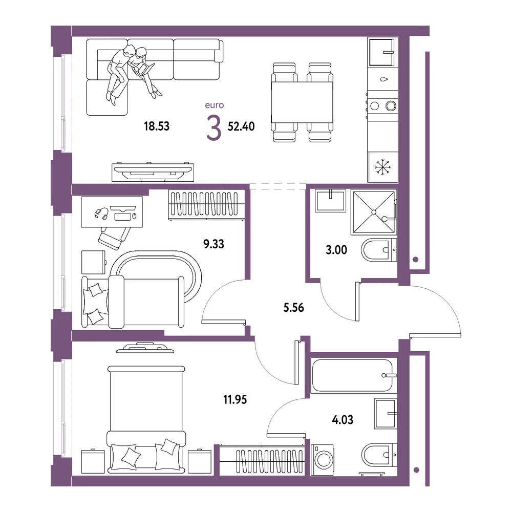 Планировка: Домашний 3-комнатная 52,40м²