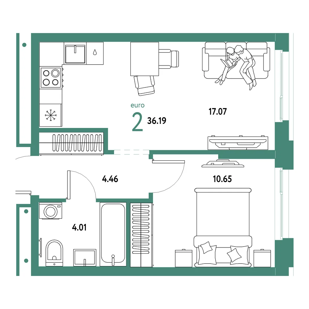Планировка: Домашний 2-комнатная 36,19м²