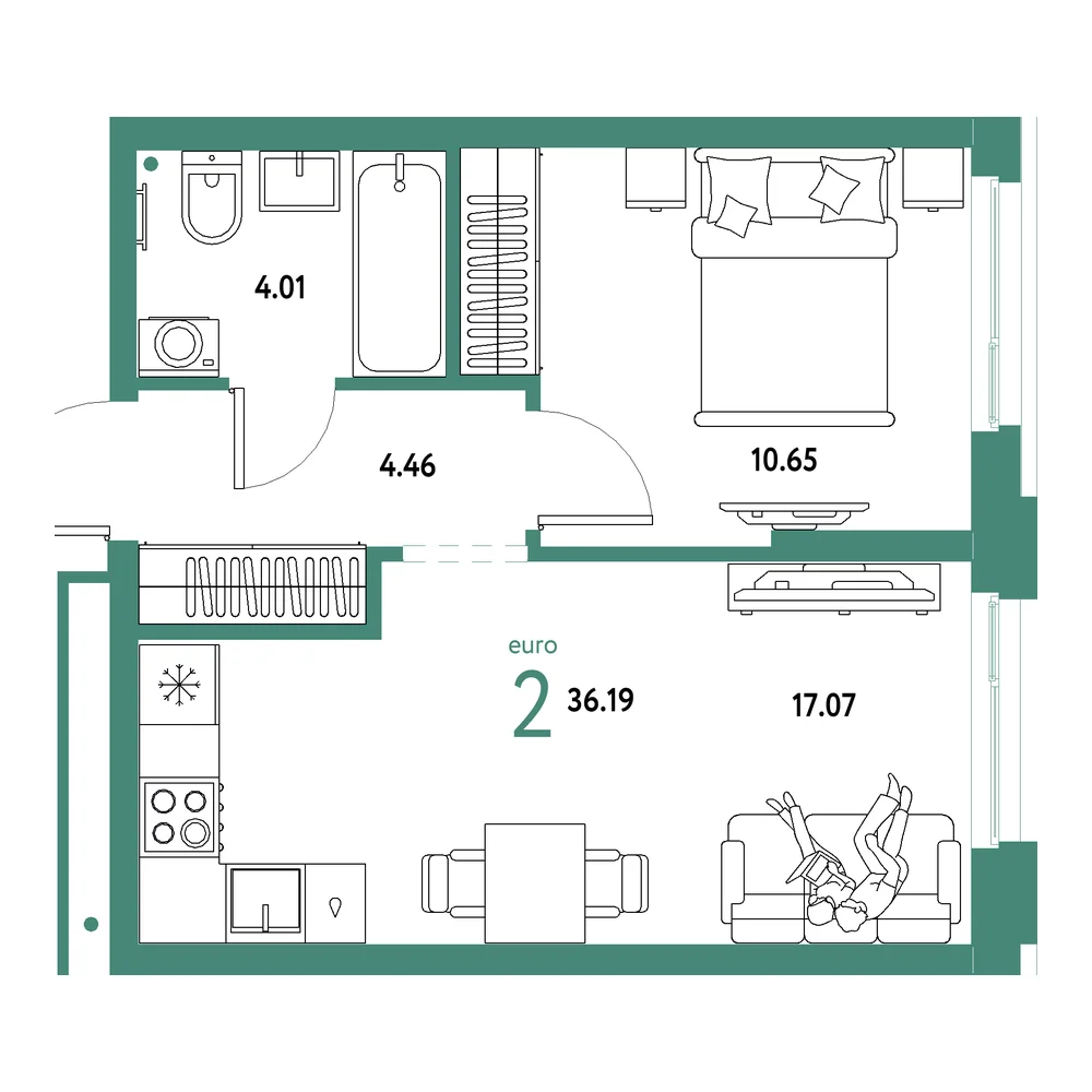 Планировка: Домашний 2-комнатная 36,19м²