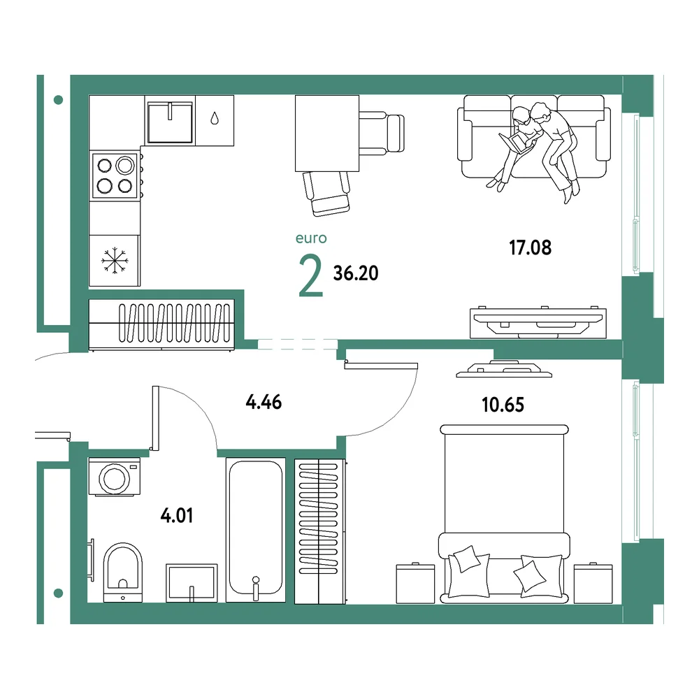 Планировка: Домашний 2-комнатная 36,20м²
