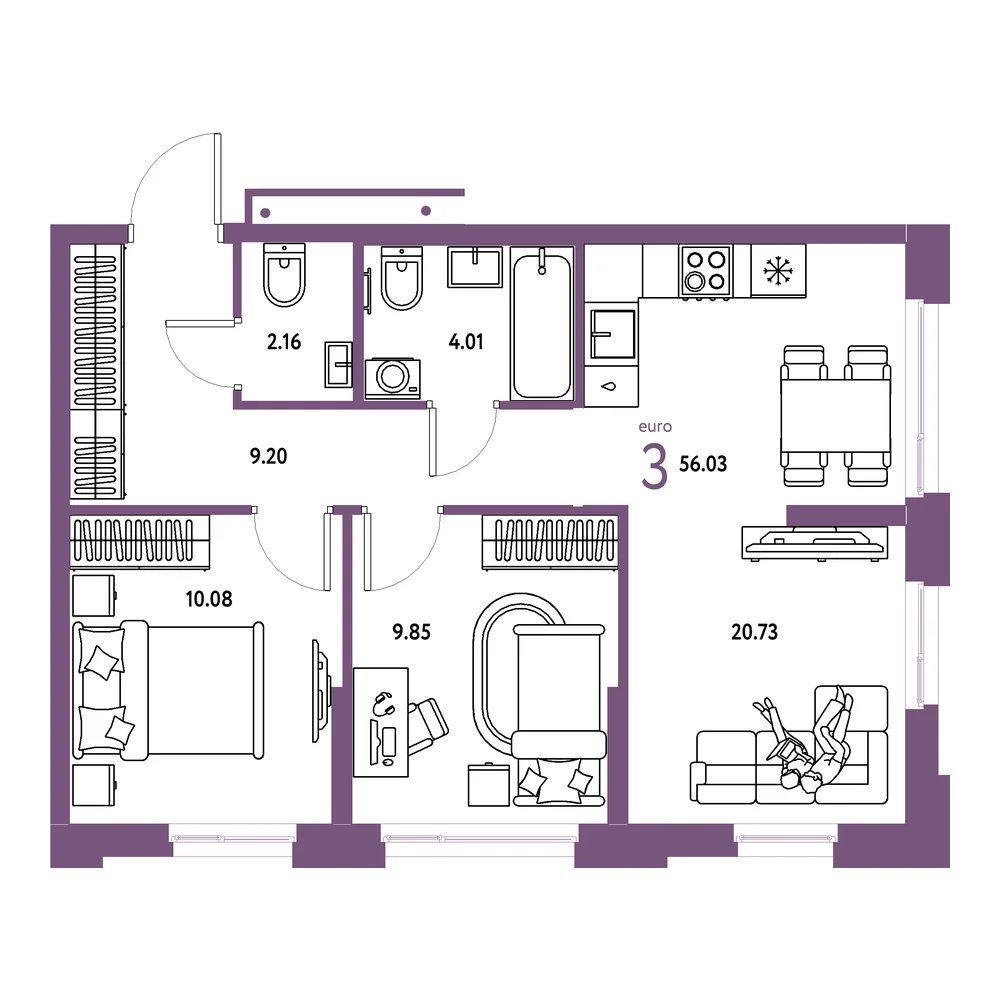 Планировка: Домашний 3-комнатная 56,03м²