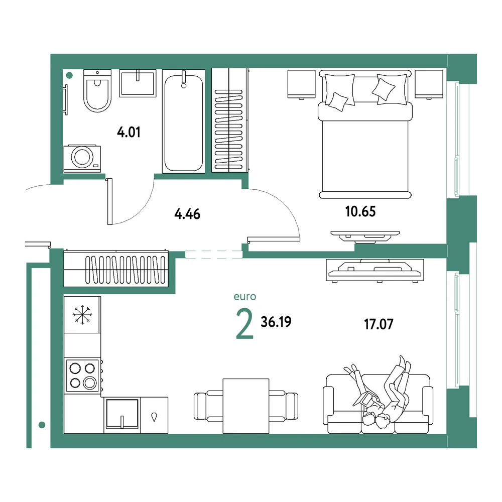 Планировка: Домашний 2-комнатная 36,19м²