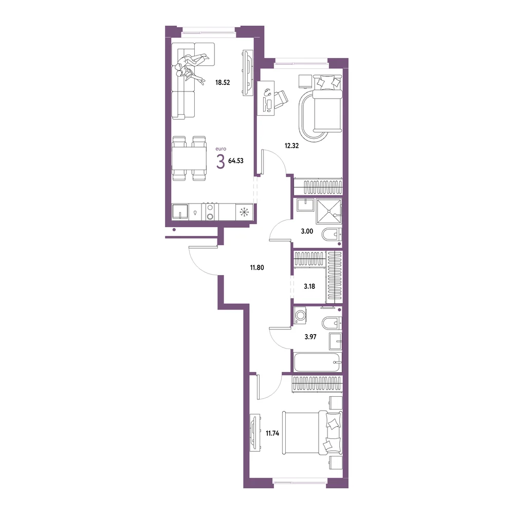 Планировка: Домашний 3-комнатная 64,53м²