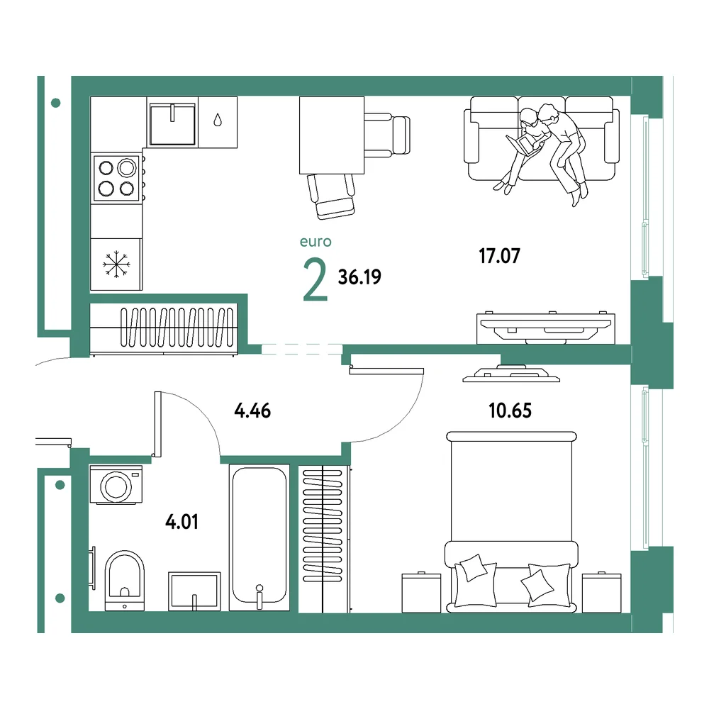 Планировка: Домашний 2-комнатная 36,19м²