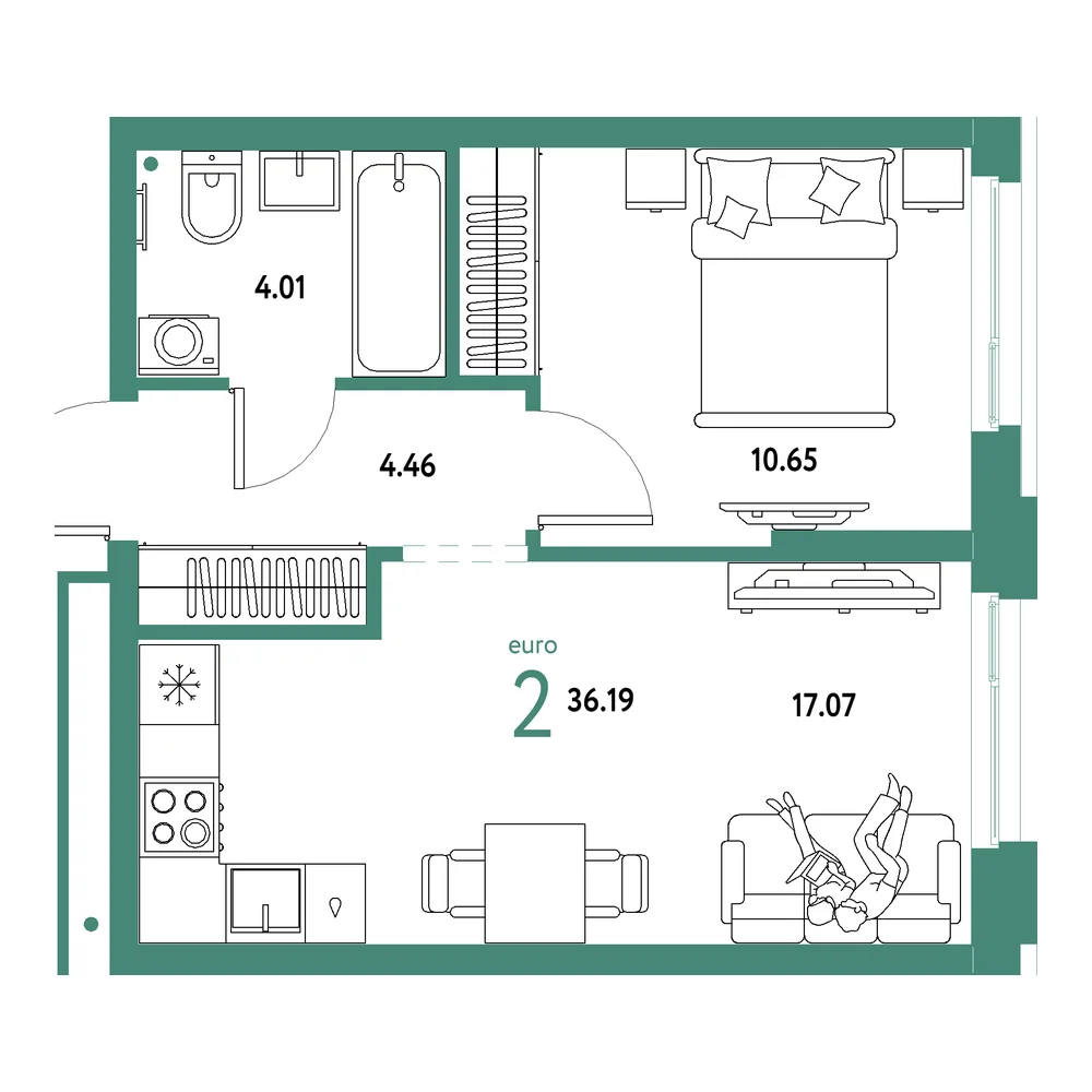 Планировка: Домашний 2-комнатная 36,19м²