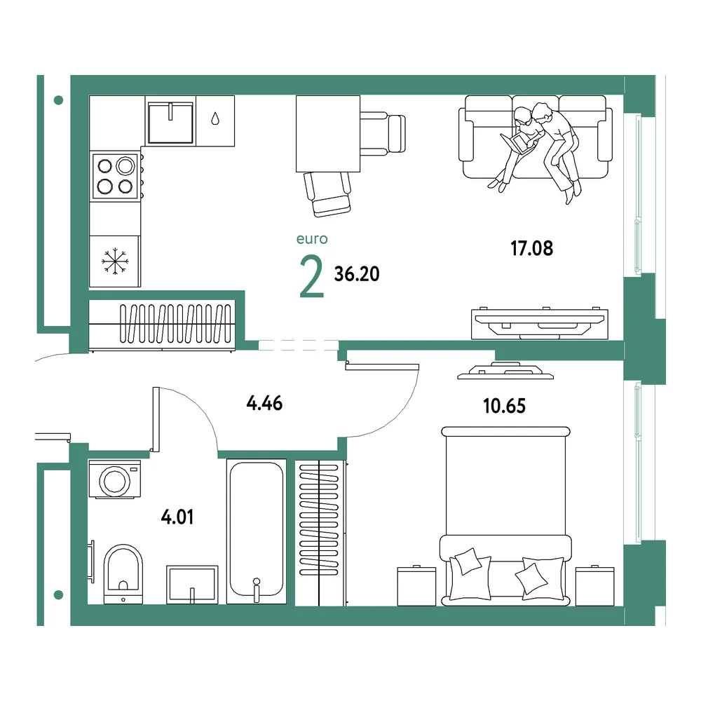 Планировка: Домашний 2-комнатная 36,20м²