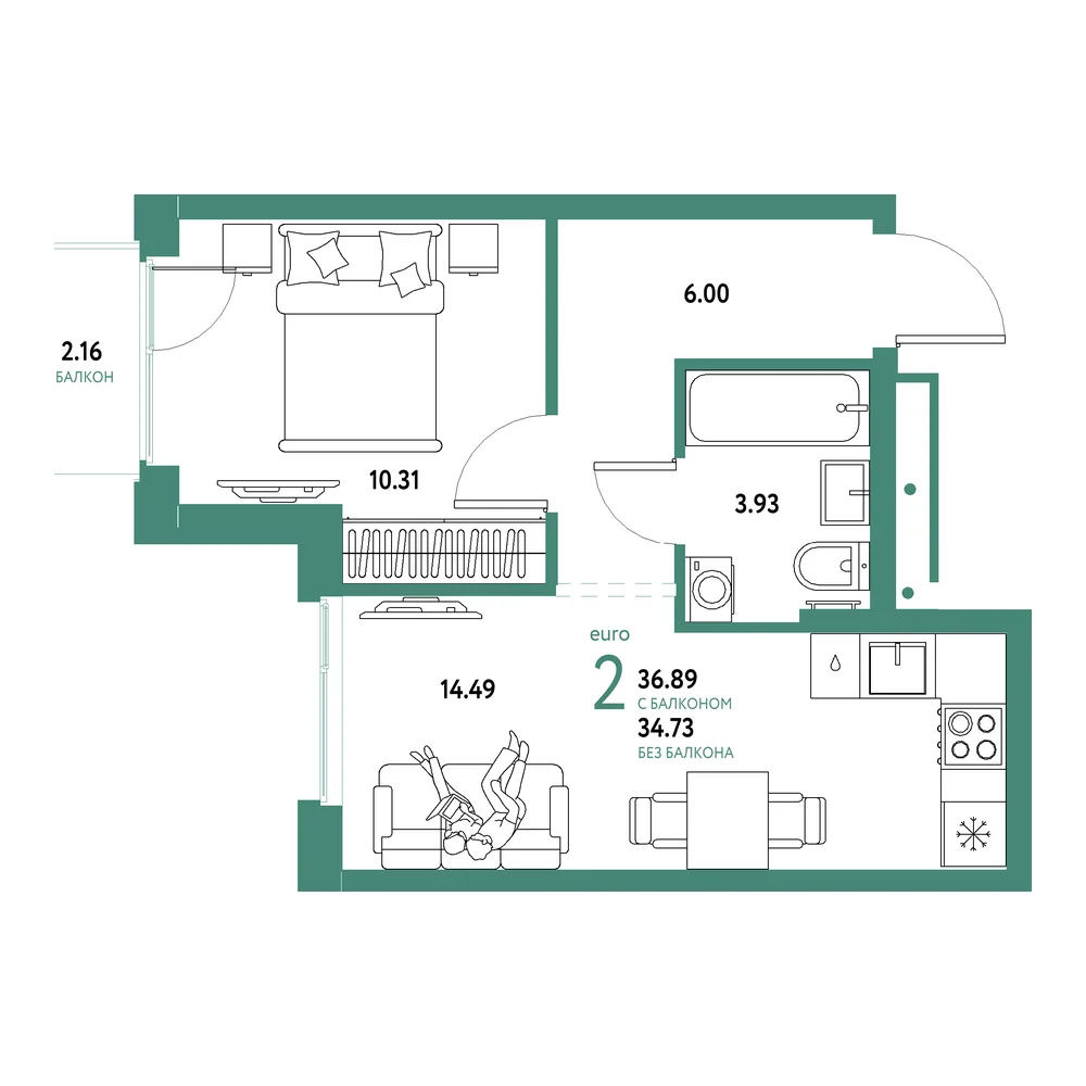 Планировка: Домашний 2-комнатная 36,89м²