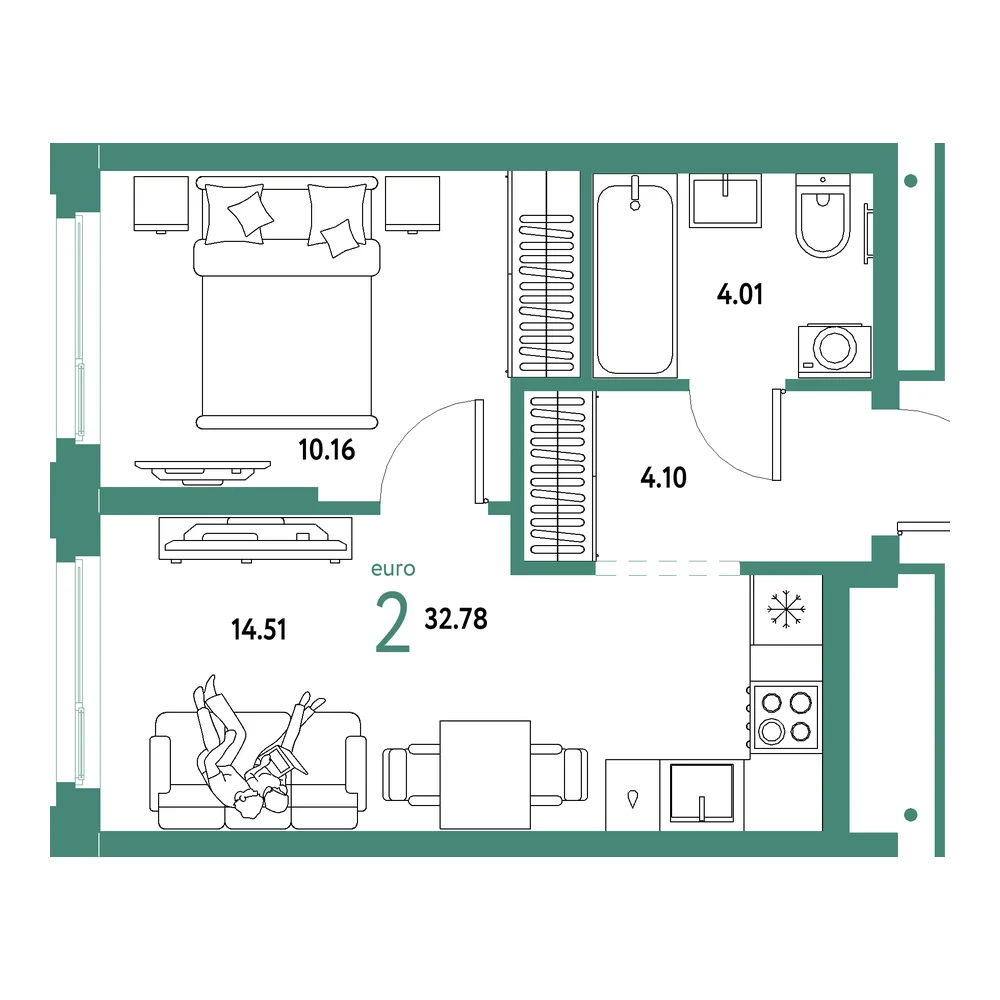 Планировка: Домашний 2-комнатная 32,78м²