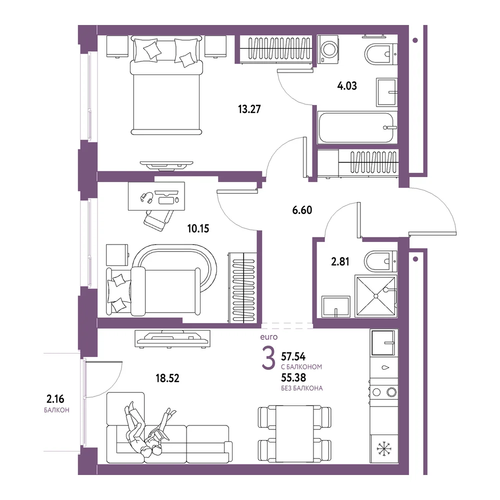 Планировка: Домашний 3-комнатная 57,54м²