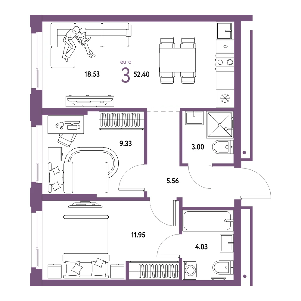 Планировка: Домашний 3-комнатная 52,40м²