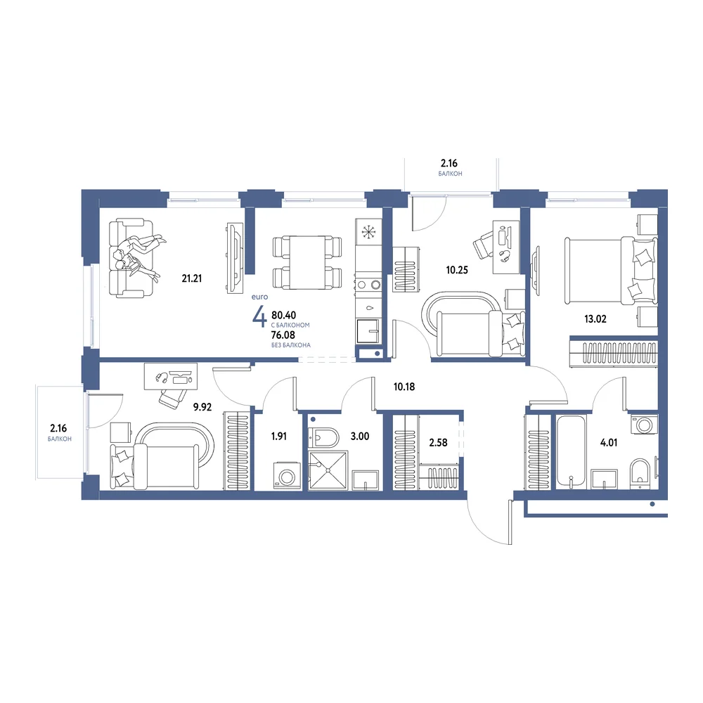 Планировка: Домашний 4-комнатная 80,40м²