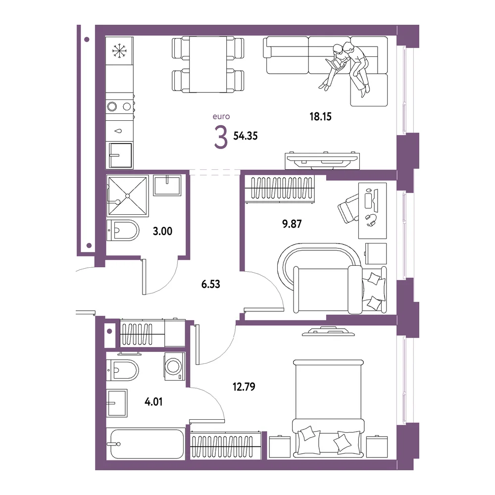 Планировка: Домашний 3-комнатная 54,35м²