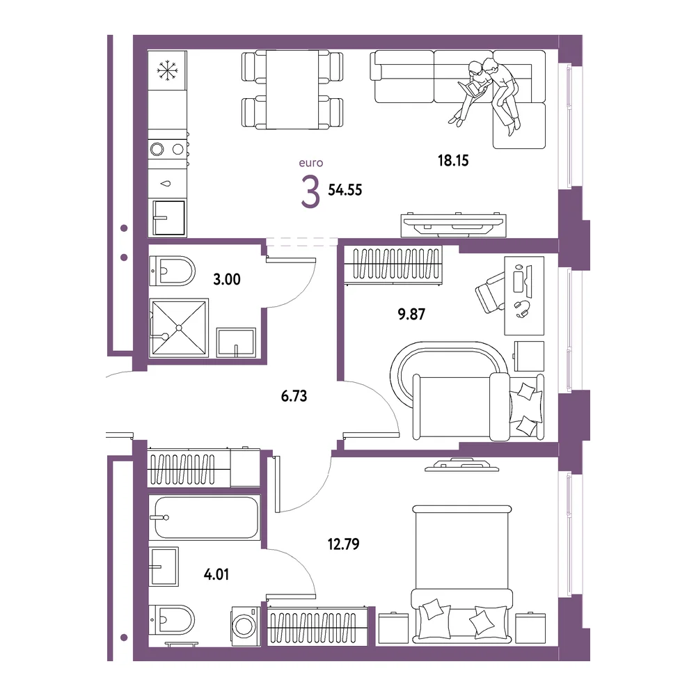 Планировка: Домашний 3-комнатная 54,55м²