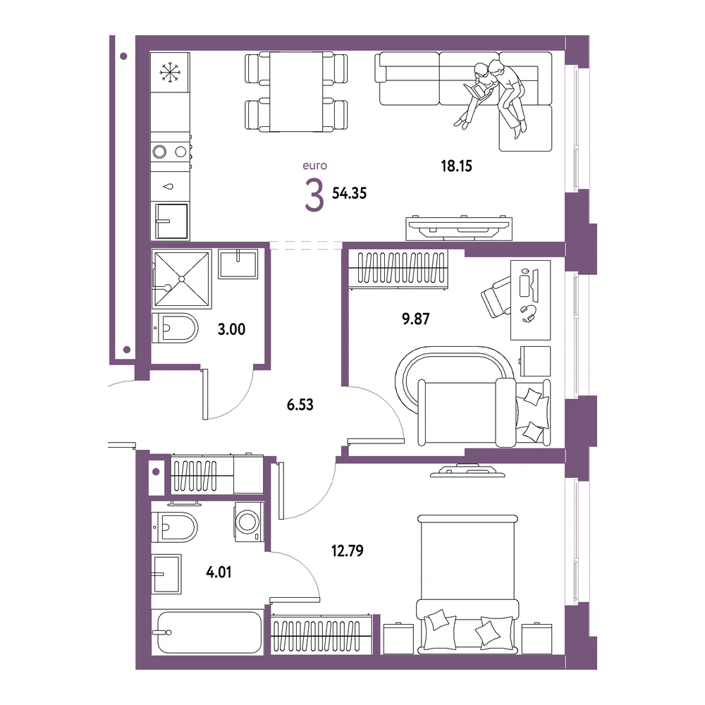 Планировка: Домашний 3-комнатная 54,35м²