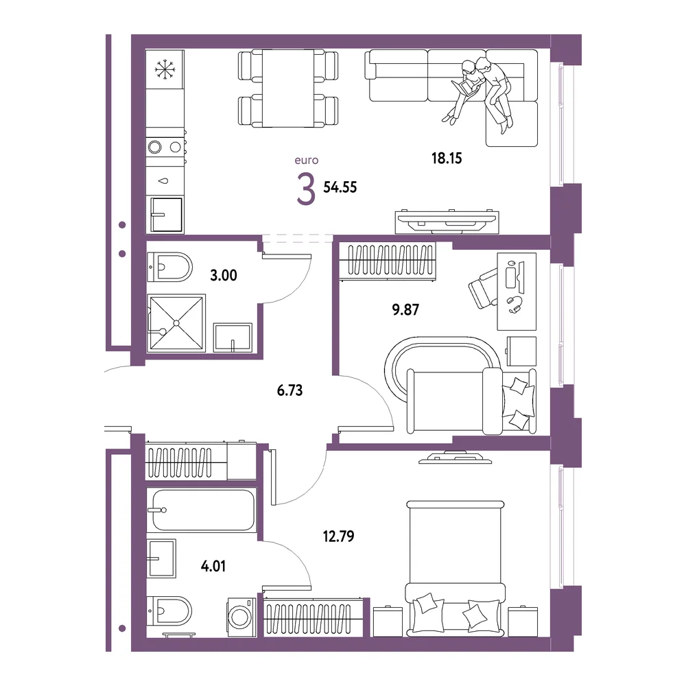Планировка: Домашний 3-комнатная 54,55м²