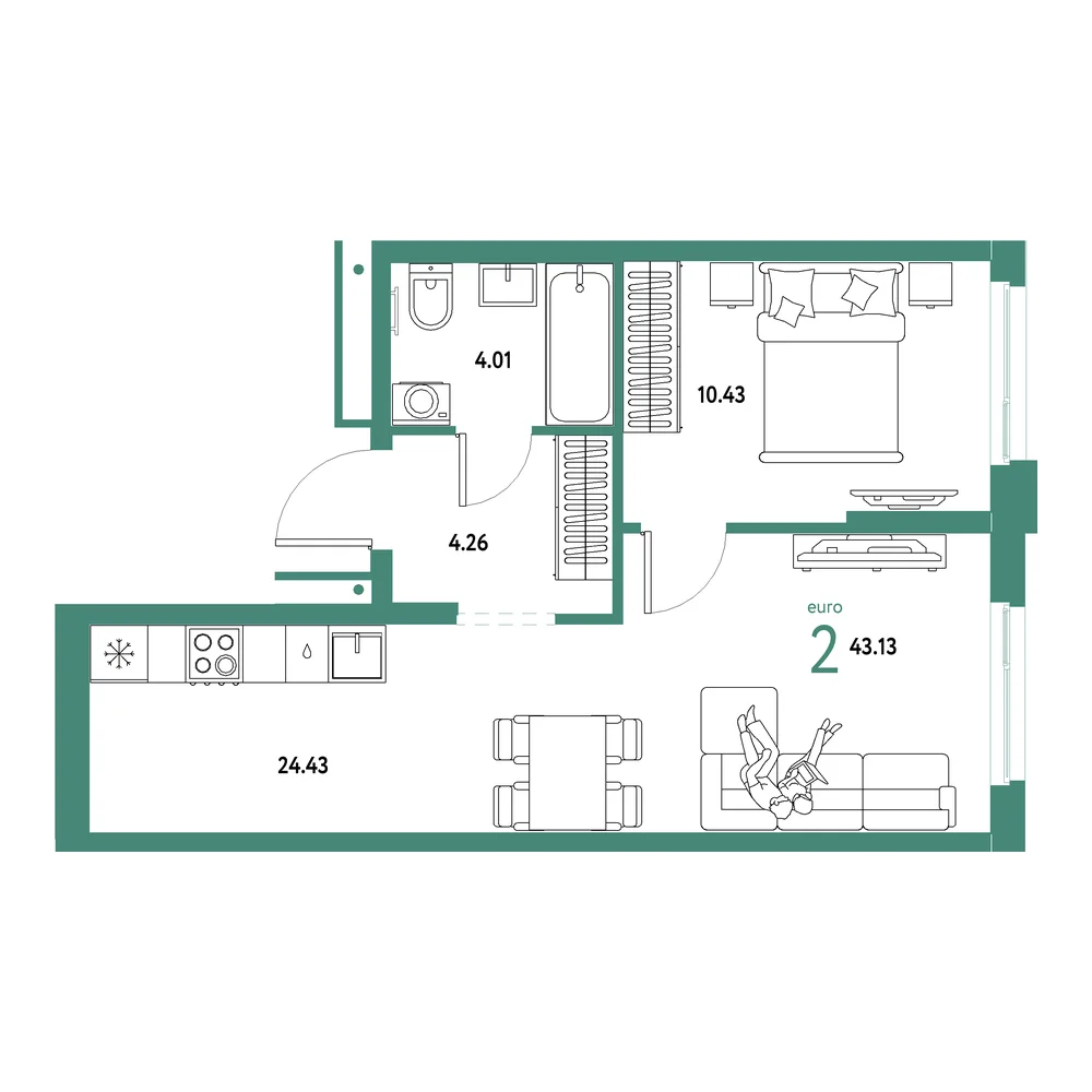 Планировка: Домашний 2-комнатная 43,13м²