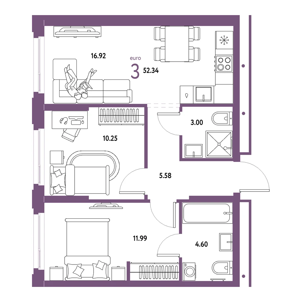 Планировка: Домашний 3-комнатная 52,34м²