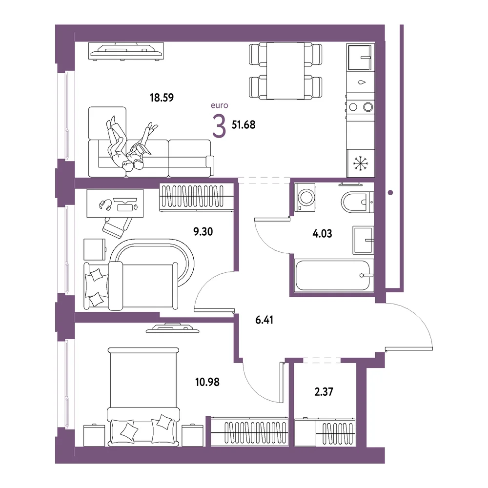 Планировка: Домашний 3-комнатная 51,68м²