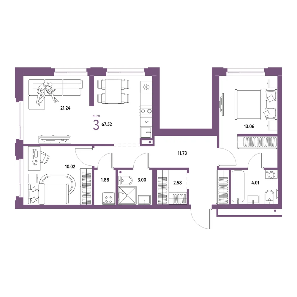 Планировка: Домашний 3-комнатная 67,52м²