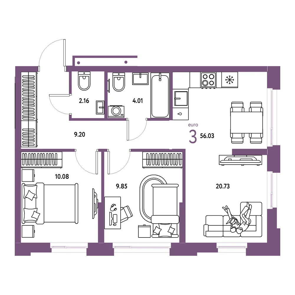 Планировка: Домашний 3-комнатная 56,03м²