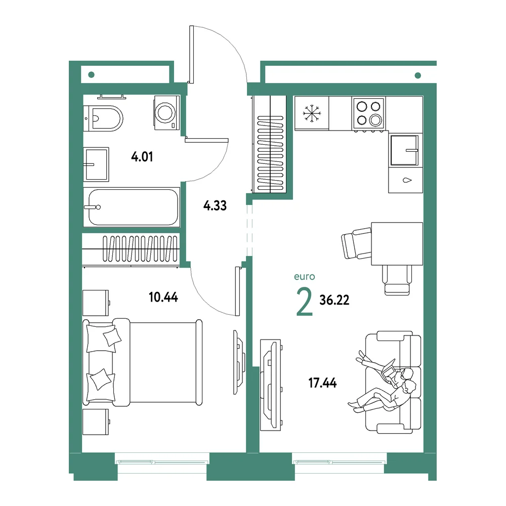 Планировка: Домашний 2-комнатная 36,22м²