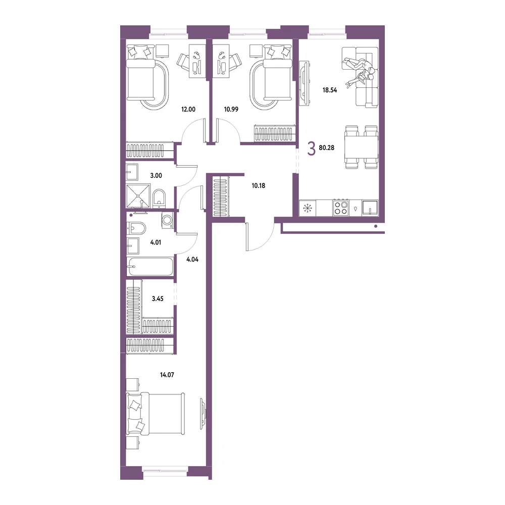 Планировка: Домашний 3-комнатная 80,28м²