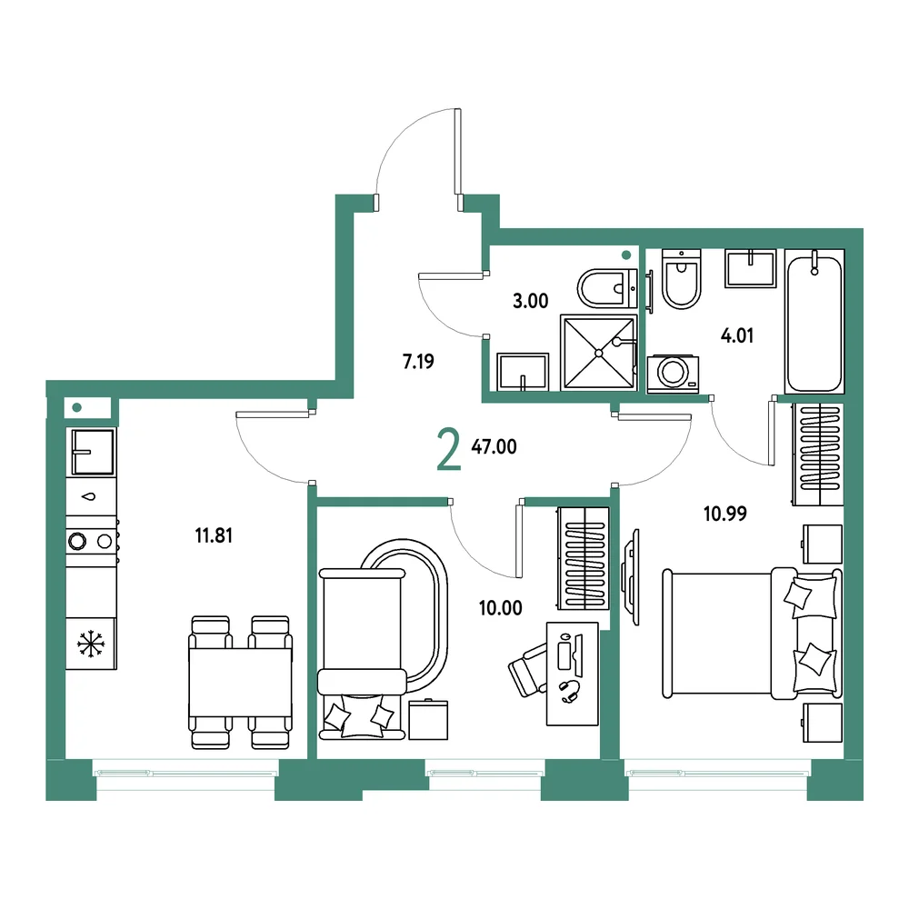 Планировка: Домашний 2-комнатная 47,00м²
