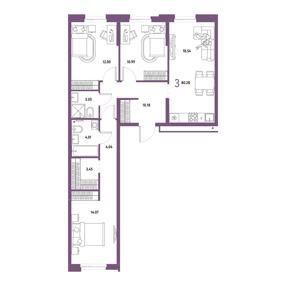 Планировка: Домашний 3-комнатная 80,28м²