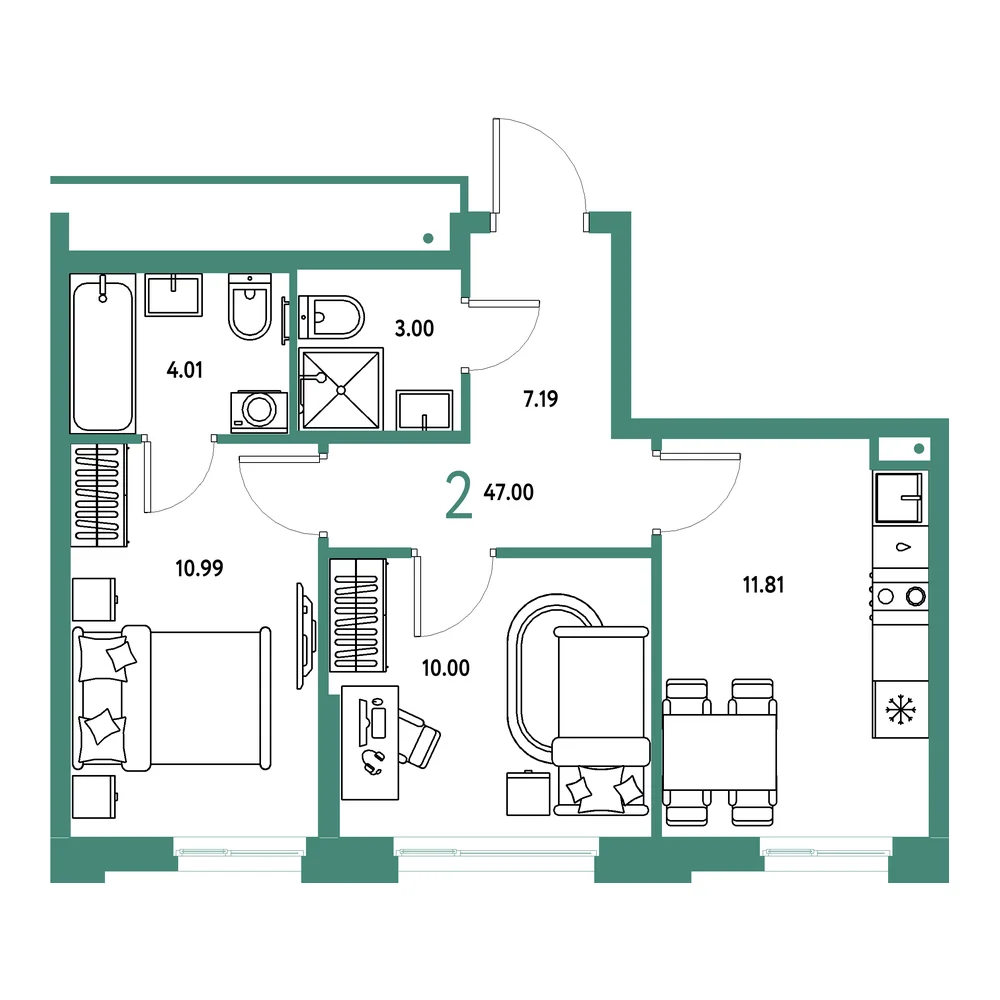 Планировка: Домашний 2-комнатная 47,00м²