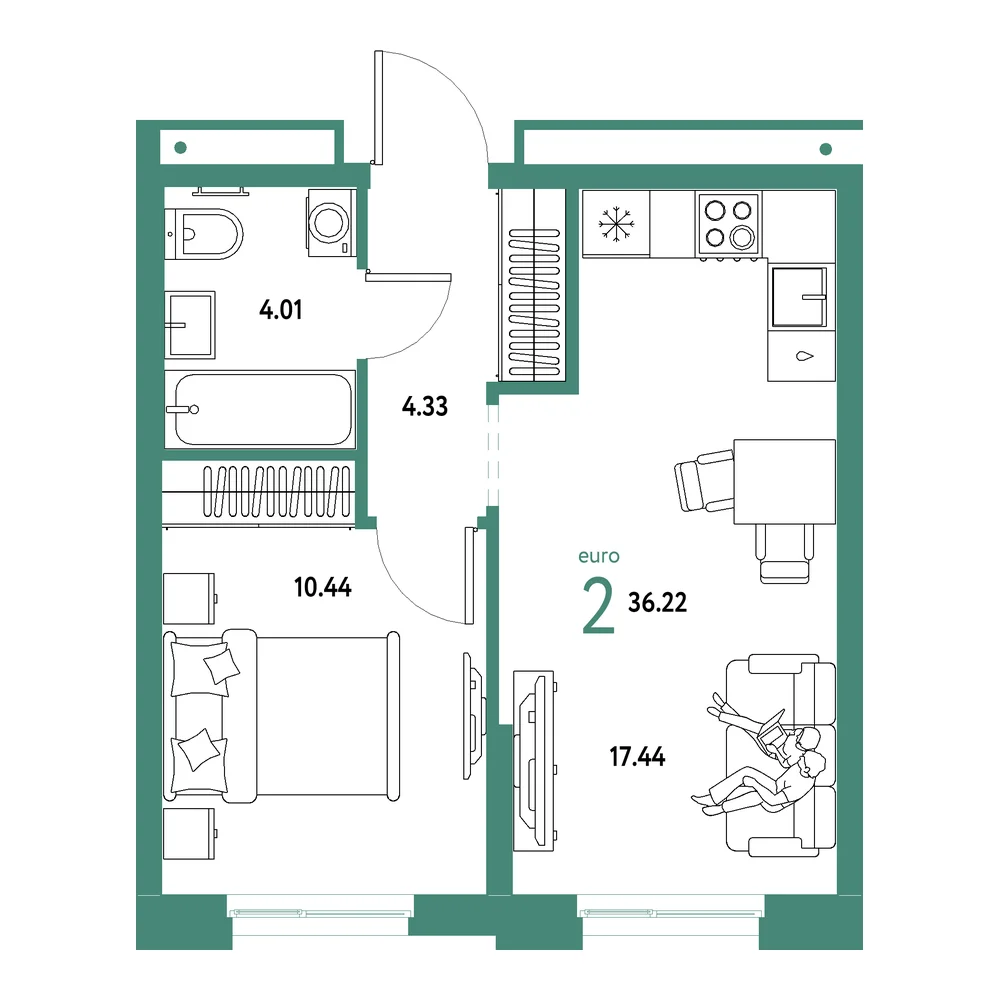 Планировка: Домашний 2-комнатная 36,22м²