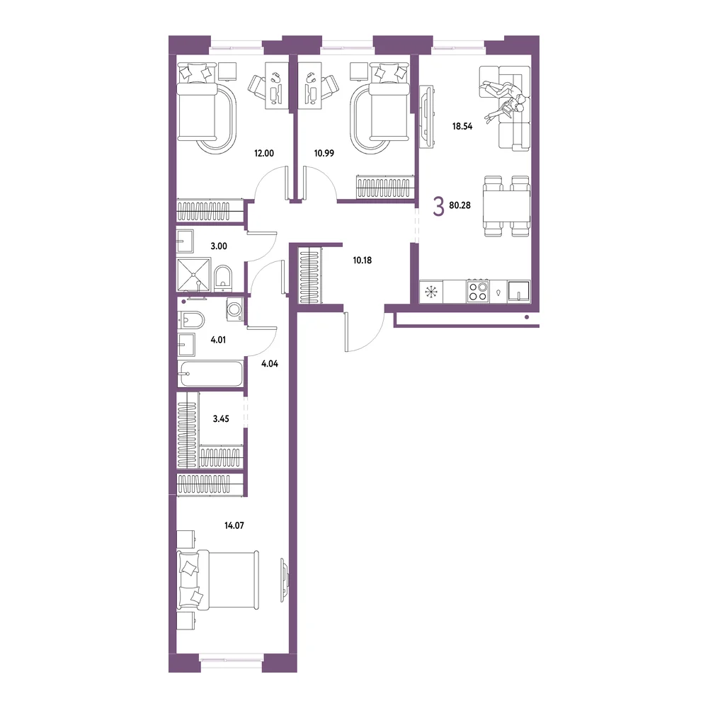 Планировка: Домашний 3-комнатная 80,28м²