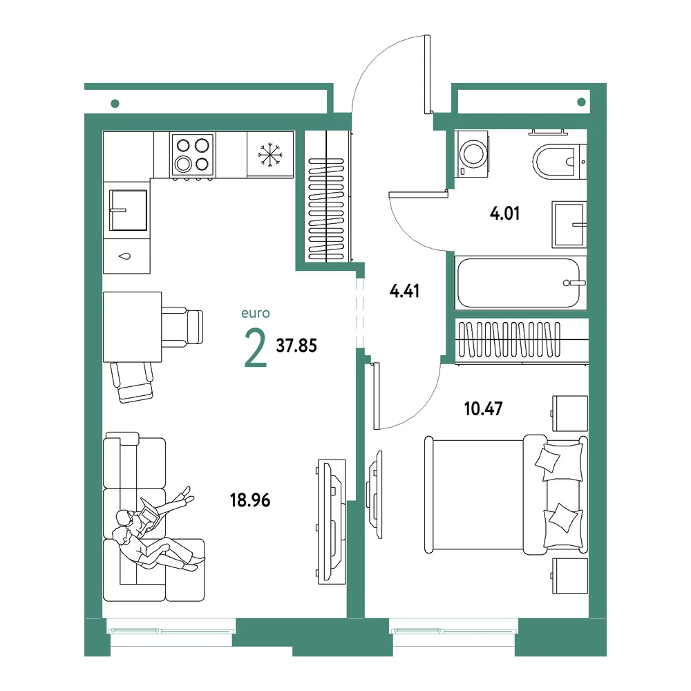 Планировка: Домашний 2-комнатная 37,85м²