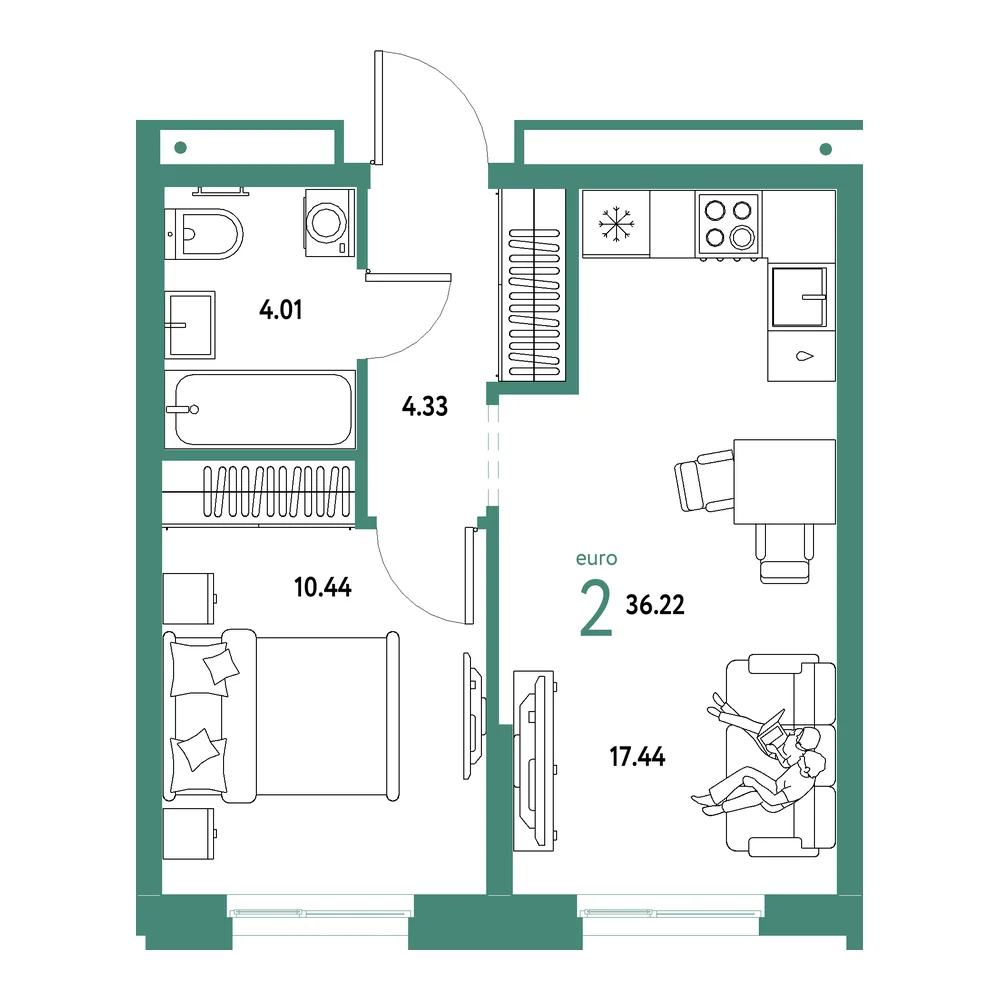 Планировка: Домашний 2-комнатная 36,22м²