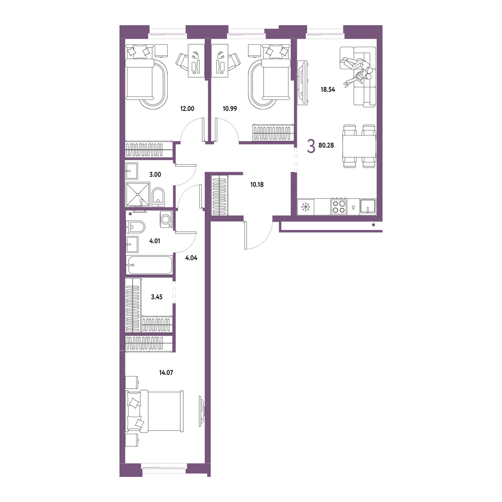 Планировка: Домашний 3-комнатная 80,28м²