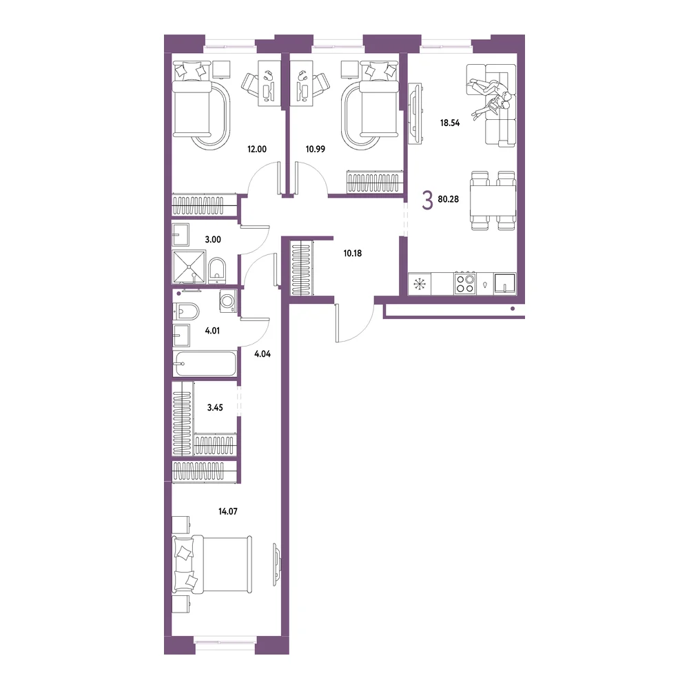 Планировка: Домашний 3-комнатная 80,28м²